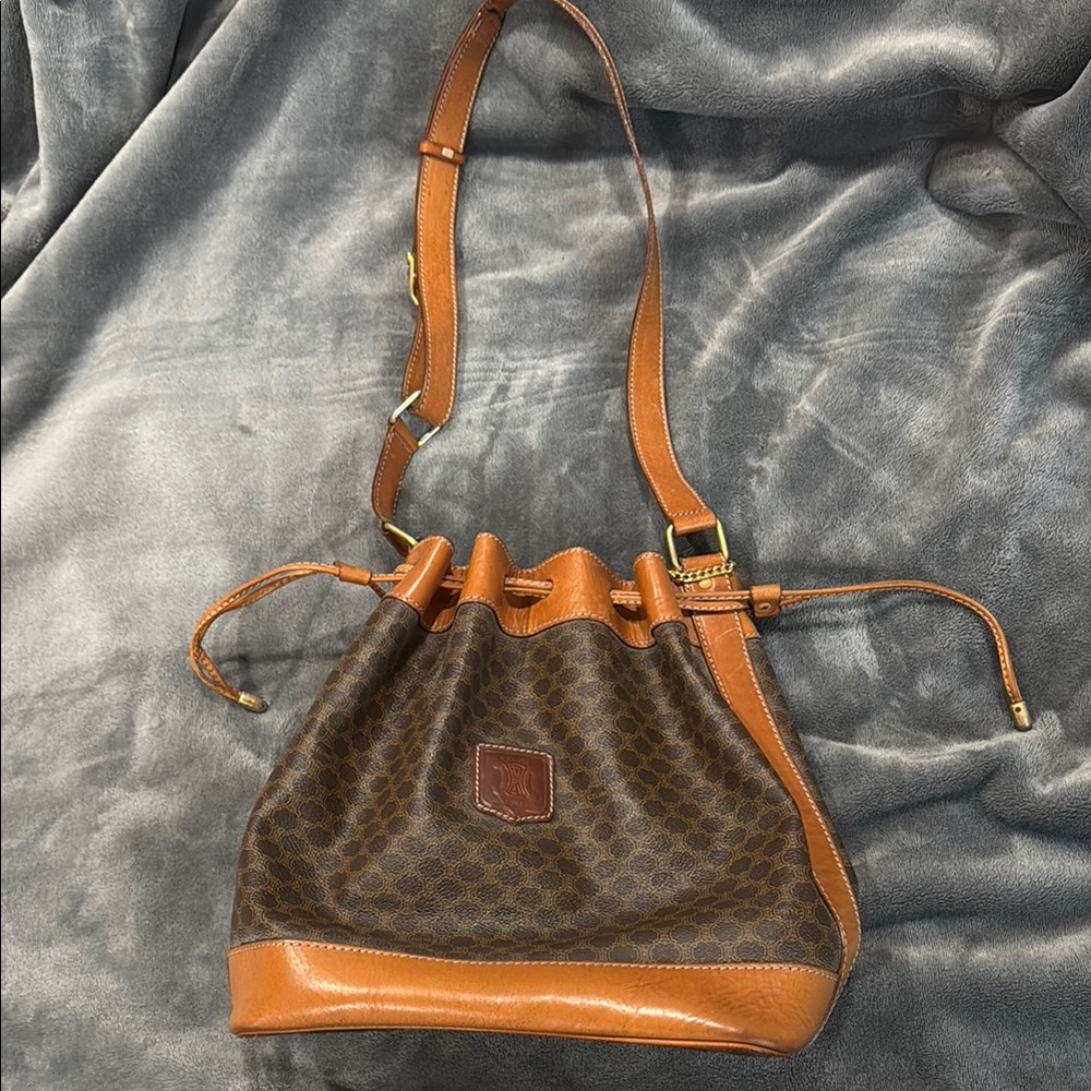 Celine Brown Bucket Shoulder Bag with triomphe Pattern and Leather Trim
